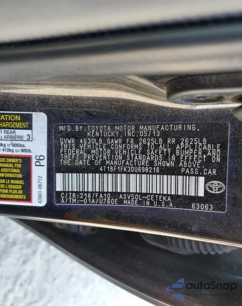 2013 Toyota Camry L z USA, uszkodzony, nr VIN 4T1BF1FK3DU698216